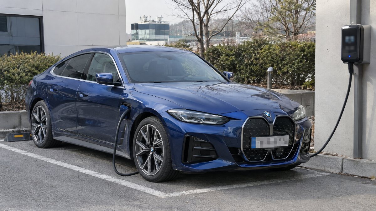 벽걸이 충전기로 충전 중인 BMW i4