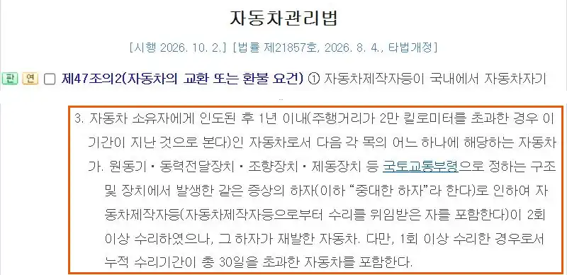 자동차관리법 제47조의2 제1항, 인도 1년 이내 중대한 하자로 2회 이상 또는 일반 하자로 3회 이상 수리해도 같은 하자가 재발하면 교환·환불을 요구할 수 있다는 조문
