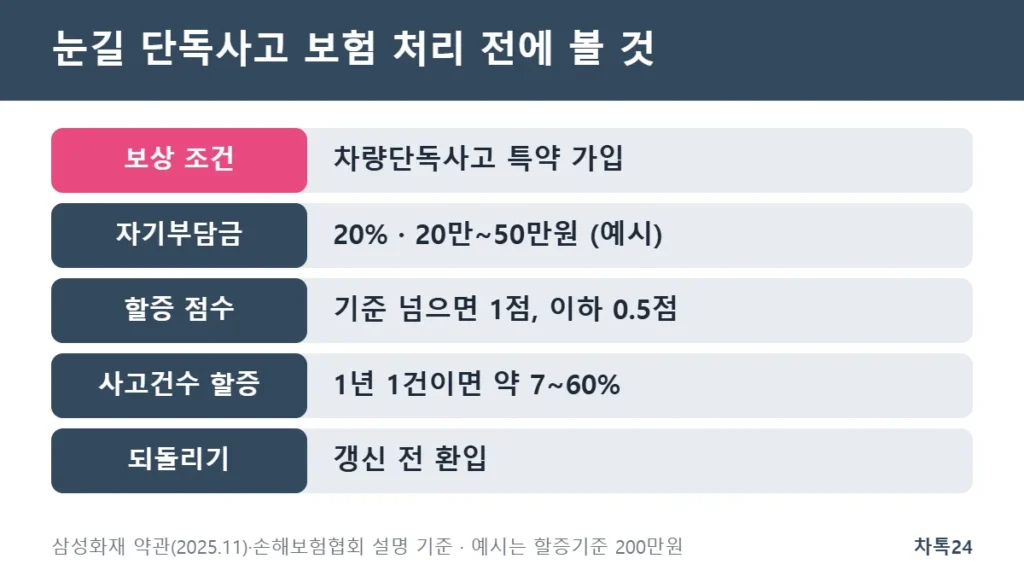 눈길 단독사고 자차 처리 전 확인할 특약 자기부담금 할증 환입 정리 카드