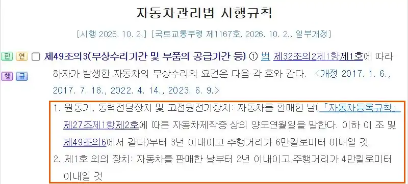 자동차관리법 시행규칙 제49조의3, 제작자가 무상수리해야 하는 부품별 기간과 주행거리를 정한 조문